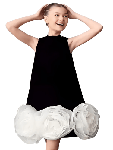 Girl's 3D Flower Dress Infant Toddler Teens Child Vintage Silk Party Pageant Birthday Dress 1-12Y, Drestiny, Dresses, Knee Length Dresses, Sleeveless, Black, White, Black and White, 12M, 18M, 3T, 3Y, 5T, 5Y, 7T, 7Y, 10Y, 12Y, United States, USA, Canada, Australia, New Zealand, United Kingdom, UK, 3D flower girl dress, floral applique dress girl, girls dress with 3D flowers, silk 3D flower dress girl, shopdrestiny.com